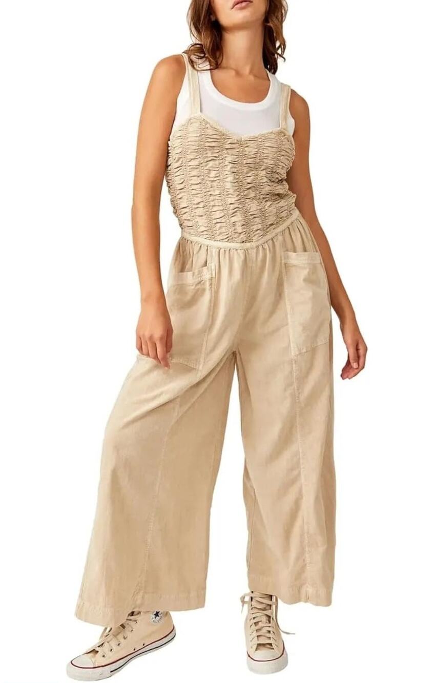 Free People Jumpsuit Small Smocked Wide Leg Sleeveless Romper Boho Festival